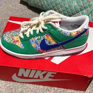 Nike Dunk Low Green Suede with Blue Swoosh & Multicolor Panels